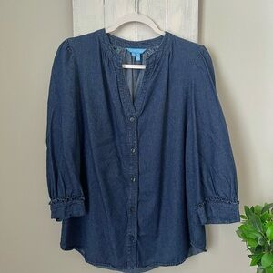 Draper James Dark Blue Denim Button-Down Shirt | 100% Cotton | Ruffle Detail 🦋